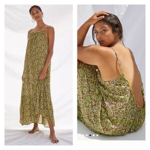 ANTHROPOLOGIE Green Paisley Flounce Oversized Maxi Lounge Dress Small NEW